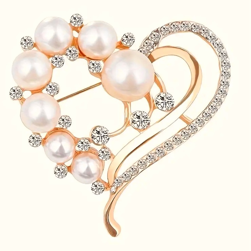 NWOT - Rose Gold and Cream Heart Brooch with Pearls and Rhinestones - Picture 4 of 7